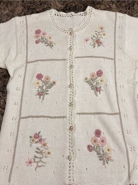 Cream Floral Embroidered Women’s Button-Front Sweater
